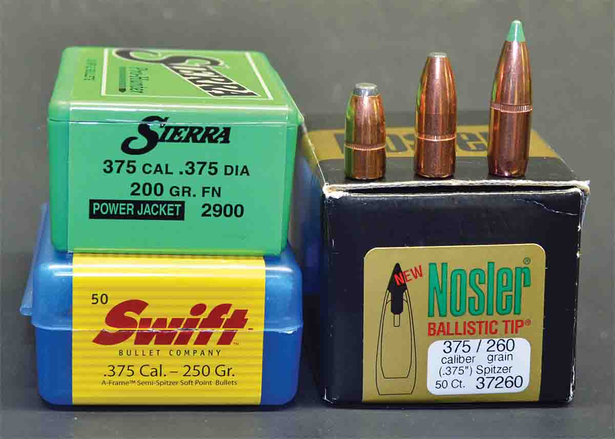 The .375 JDJ is commonly loaded with heavier bullets, but most hunters who use it will find those weighing from 200 to 260 grains the most useful. Bullets from left: Sierra 200-grain FN, Swift 250-grain A-Frame, Nosler 260-grain Ballistic Tip.